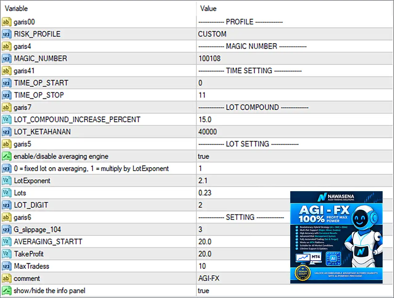 AGI FX EA MT4 v3.1 with SetFiles (Unlimited) 4 AGI FX EA MT4 Settings Panel