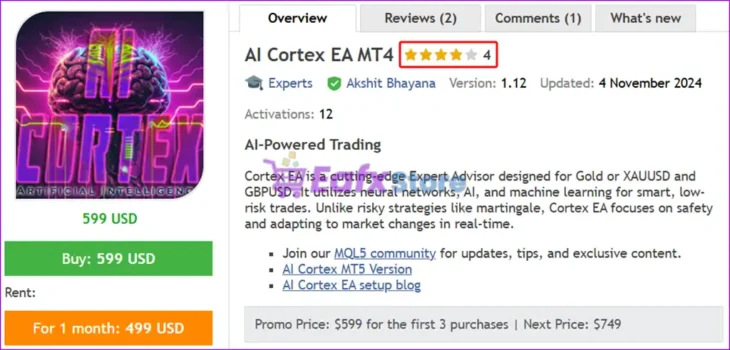 AI Cortex EA MT4 Overview