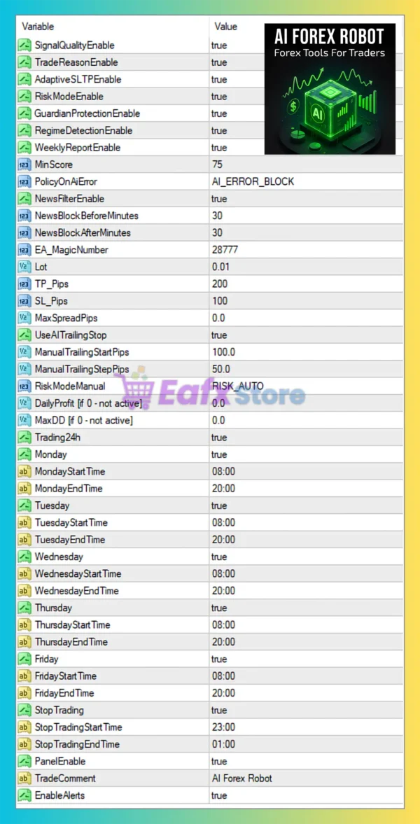 AI Forex Robot MT4 Settings Panel