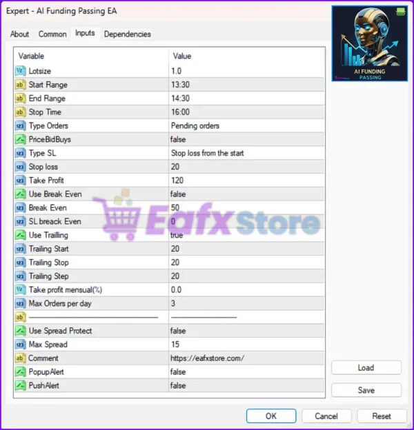 AI Funding Passing EA MT4 Settings Panel