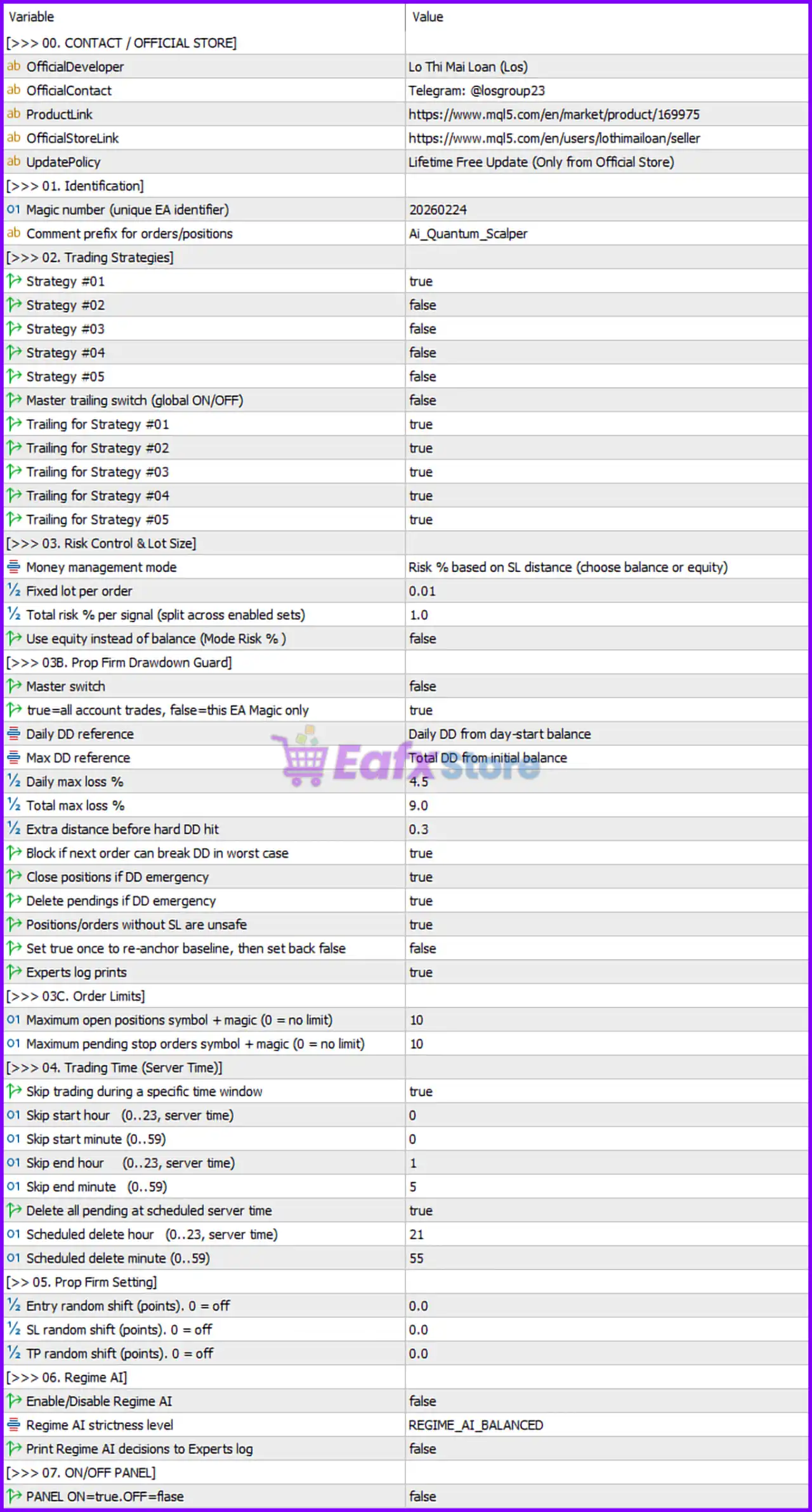 AI Quantum Scalper EA MT5 Settings Panel