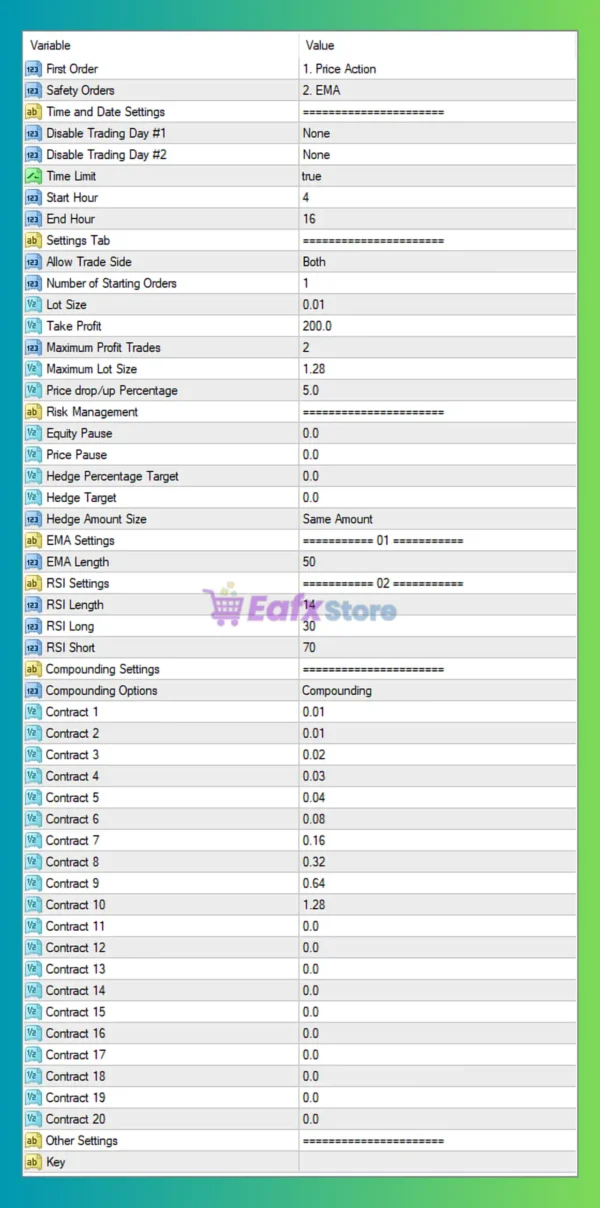 AI Trading Bot MT4 Settings Panel