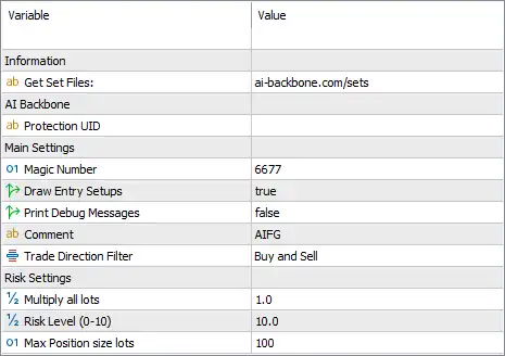 AI for Gold EA MT5 Settings Panel