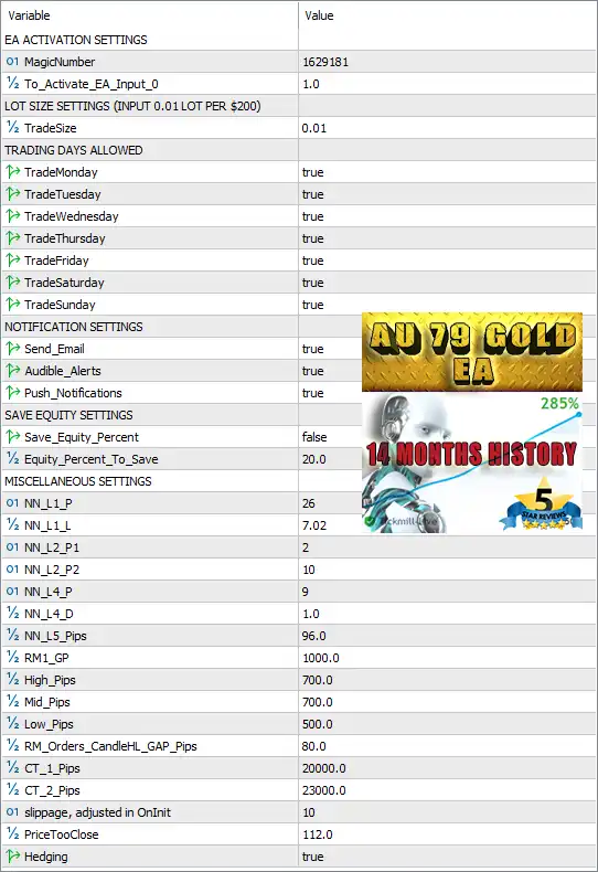 AU 79 Gold EA MT5 Settings Panel