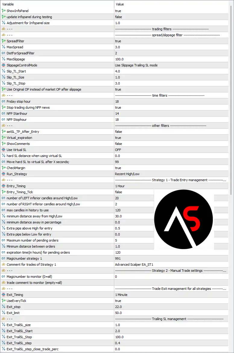 Advanced Scalper MT5 Settings Panel