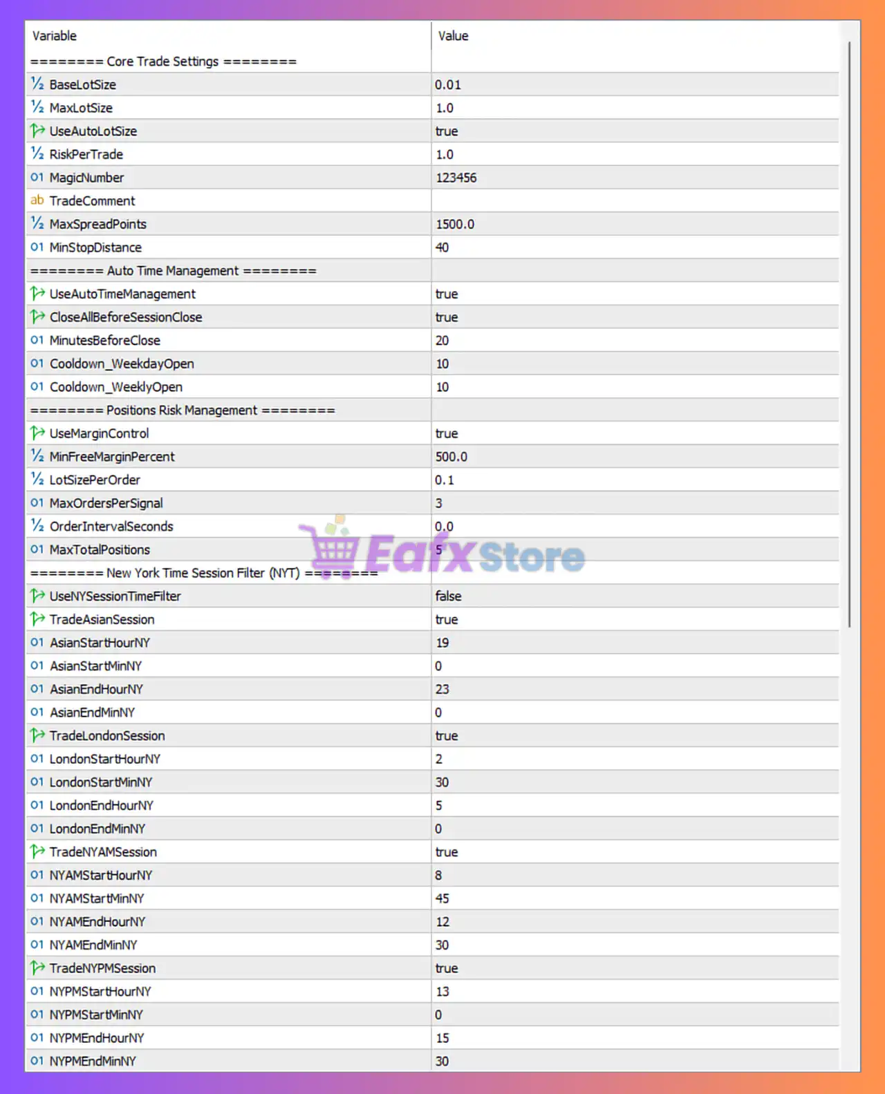 Aegis Quant Pro EA MT5 Settings Panel