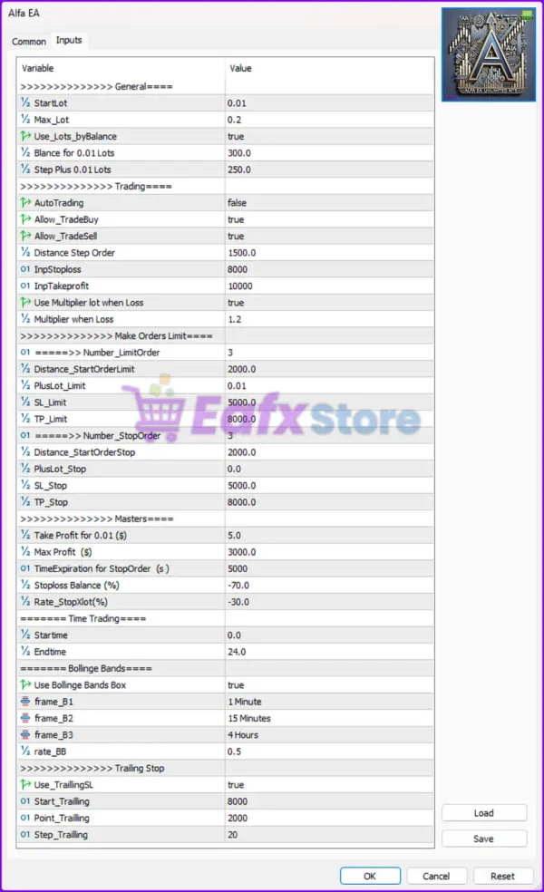 Alfa EA Unlimited MT5 Settings Panel