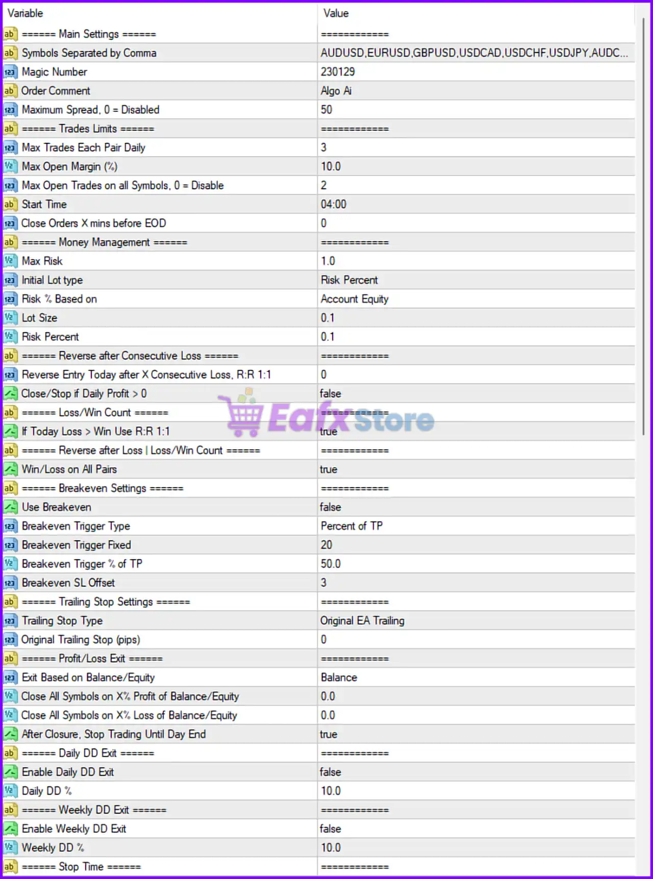 Algo AI MC MT4 Settings Analysis & Full Reviews 3 Algo Ai MC MT4 Settings Panel