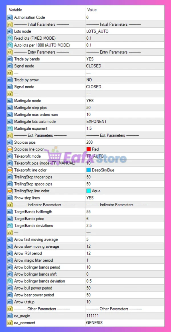 Alpha EA Incubator MT4 Settings Panel