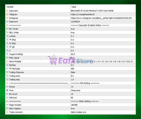 Alpha Scalper Pro MT5 Settings Panel