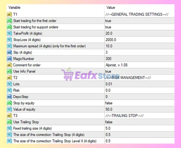 Alpinist EA MT4 Settings Panel