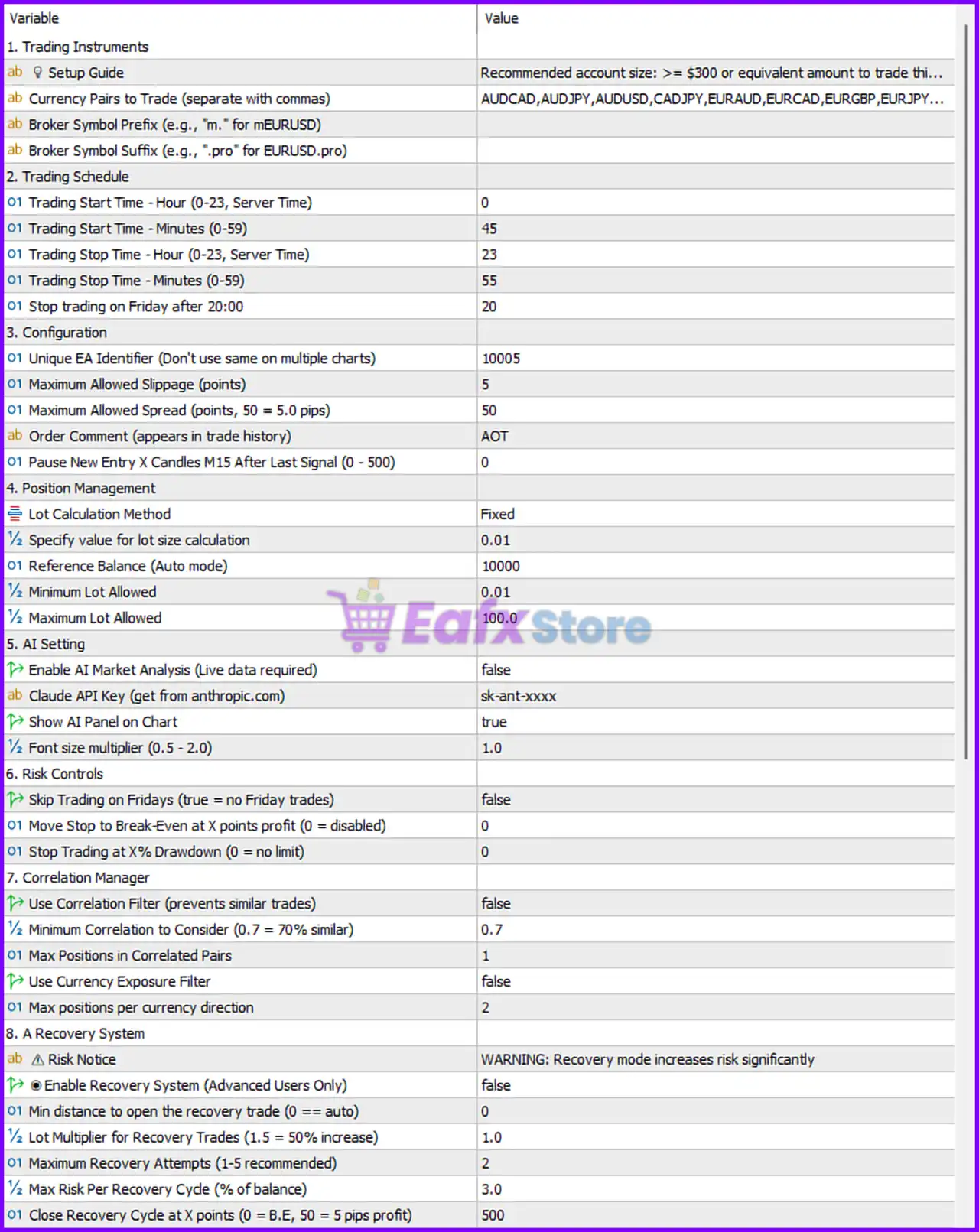 Aot EA MT5 with SetFiles (Latest version) – GroupBuy 6 Aot EA MT5 Settings Panel