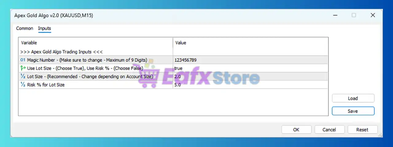 Apex Gold Algo MT5 Settings Panel