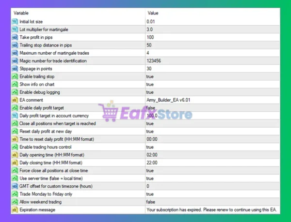 Army Builder EA MT4 Settings Panel