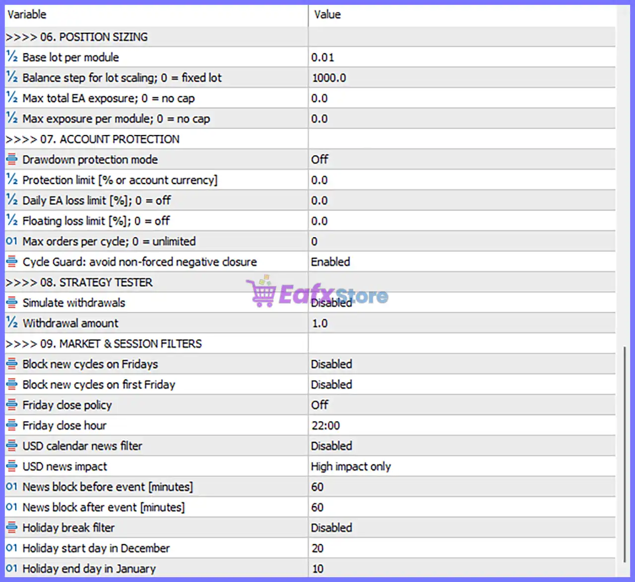 ArtQuant Gold EA Settings Panel
