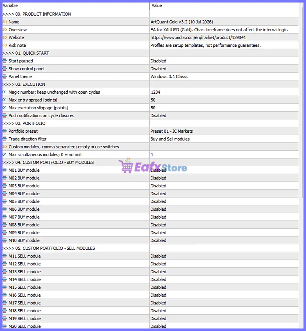 ArtQuant Gold MT5 Settings Panel