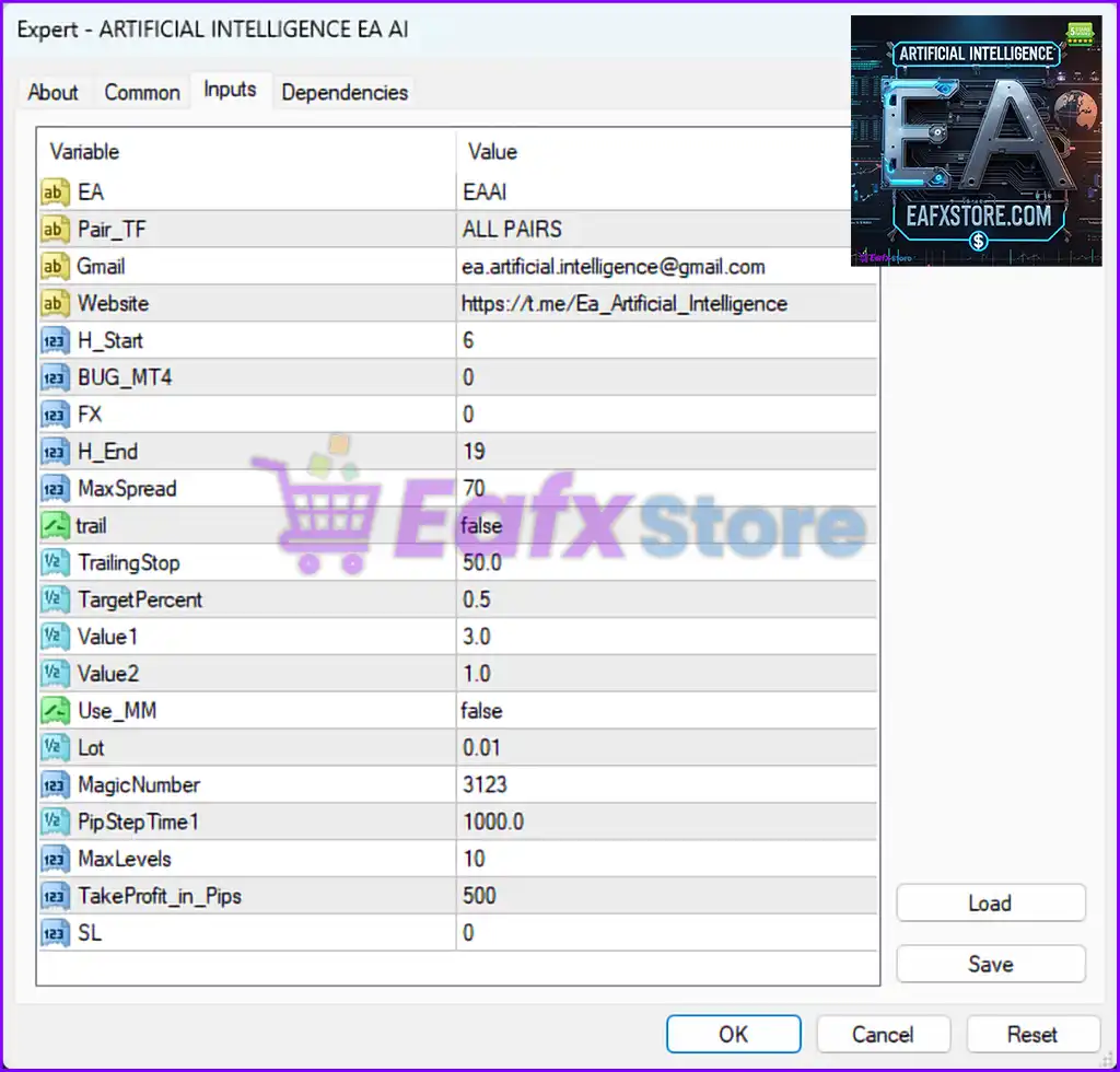 Artificial Intelligence EA AI MT4 Settings Panel
