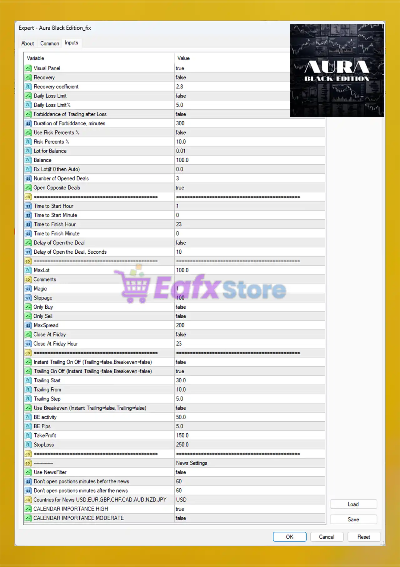 Aura Black Edition MT4 Settings Panel