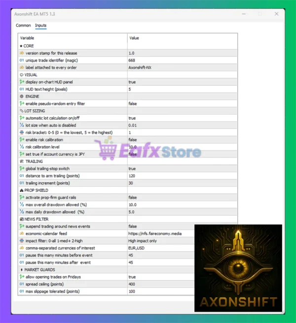 Axonshift EA MT5 Settings Panel