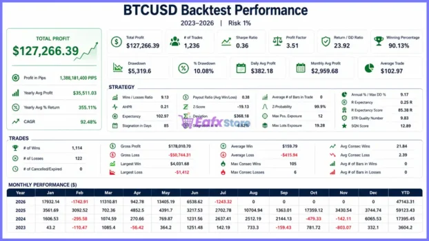 Backtest results of AI Scalping MT5 with BTCUSD pair
