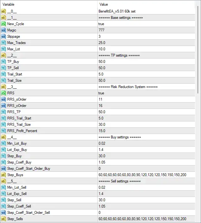 Benefit EA MT4 Settings Panel