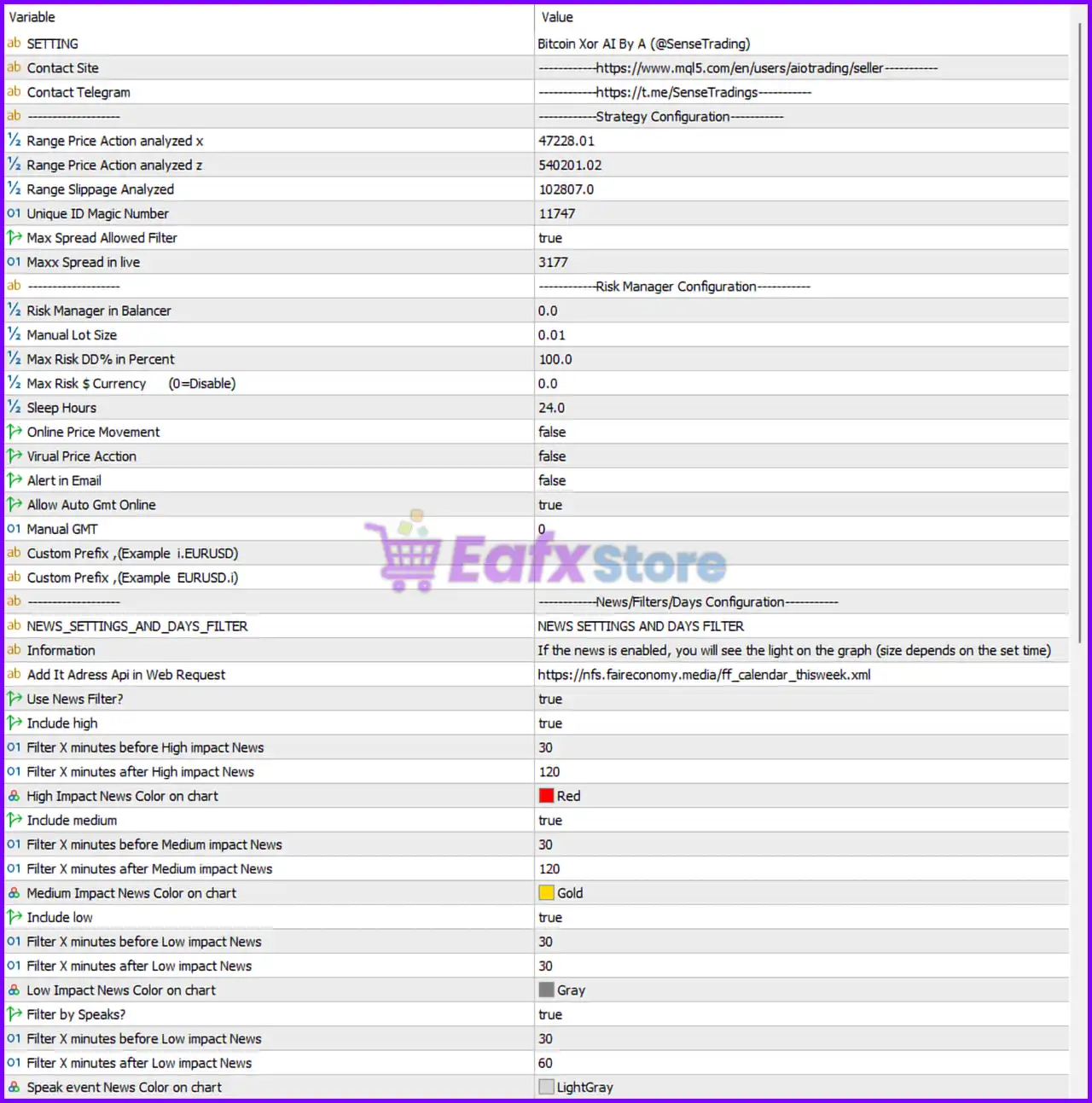Bitcoin Xor AI EA MT5 Settings Panel