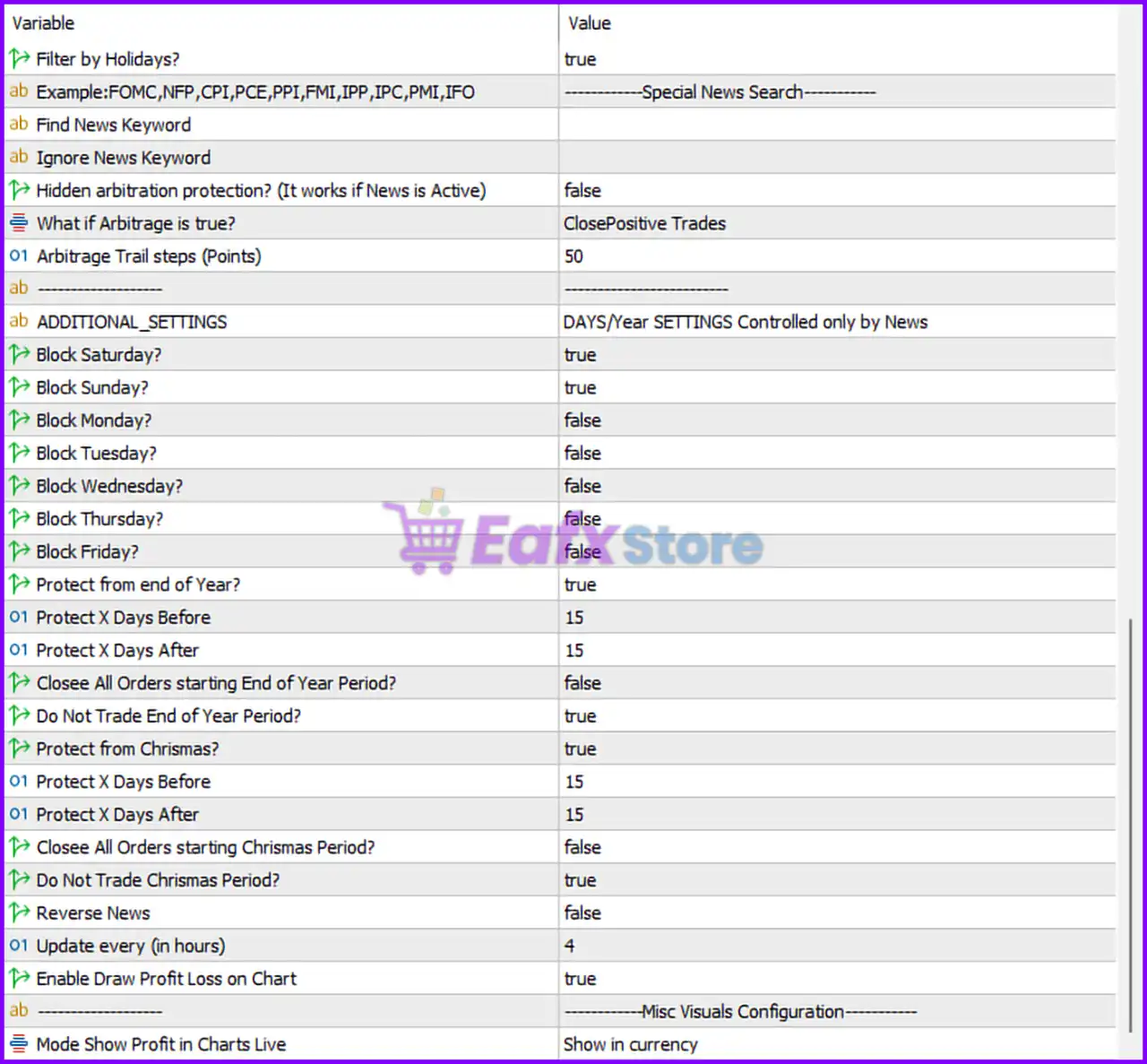 Bitcoin Xor AI EA Settings Panel