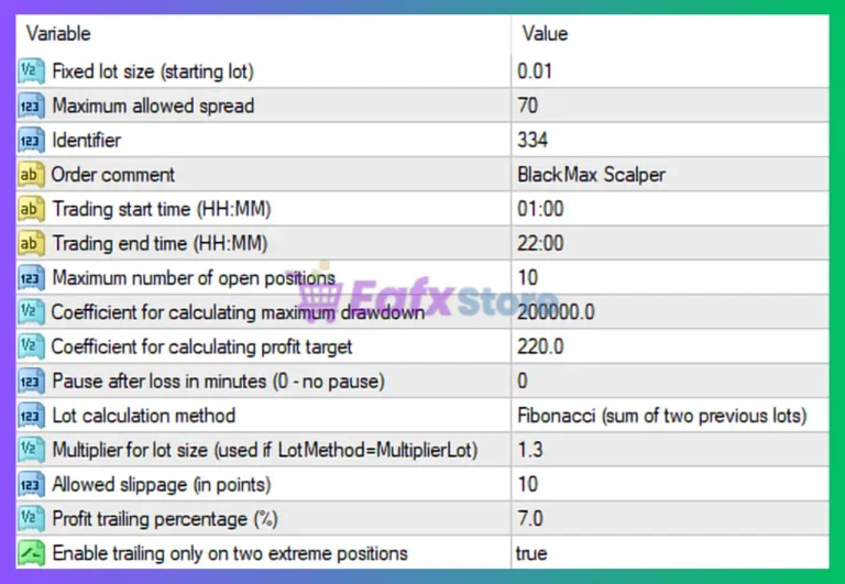 Black Max SCALPER EA Settings Panel