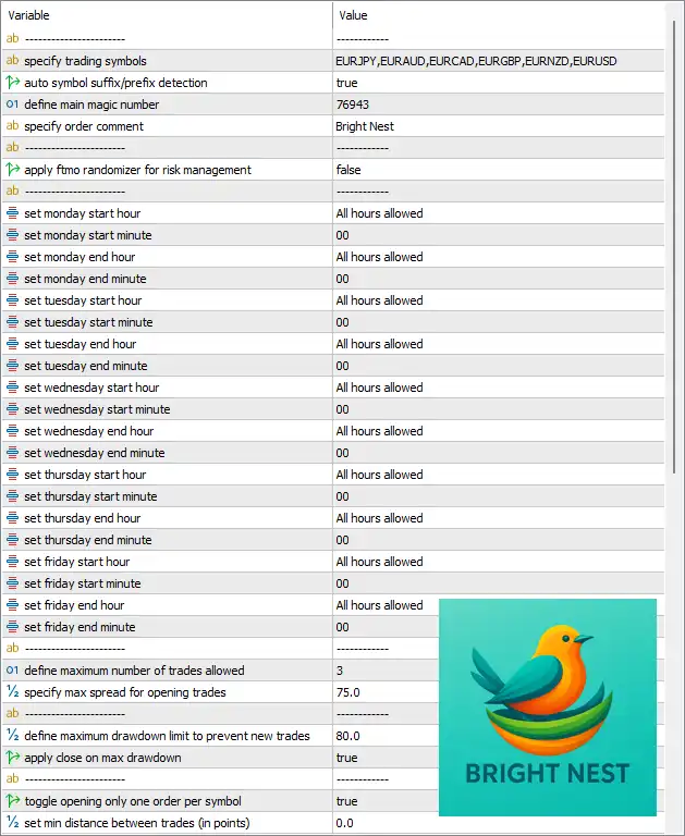 Bright Nest EA MT5 (Latest version) – GroupBuy 6 Bright Nest EA MT5 Settings Panel