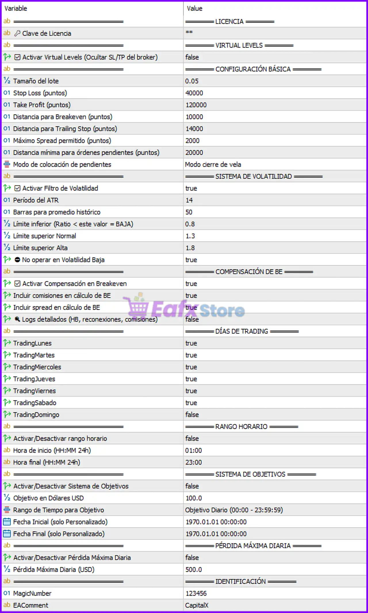 CAPITAL X EA MT5 Settings Panel