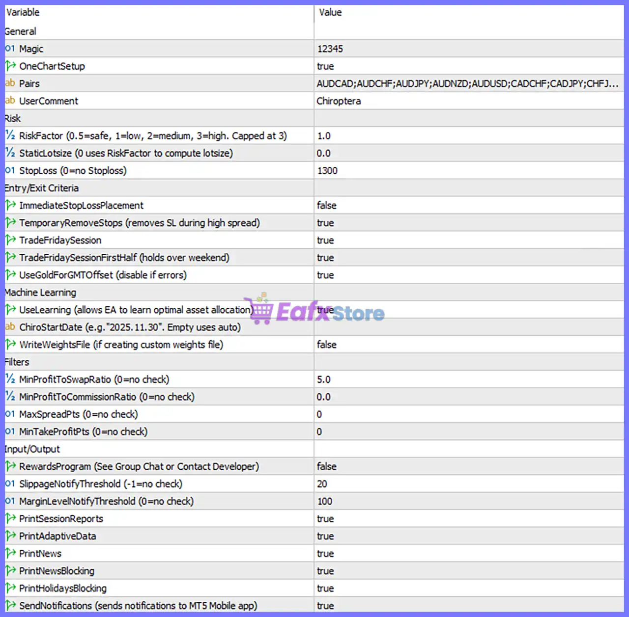 Chiroptera EA Settings Panel