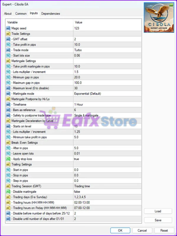 Cibola EA MT4 Settings Panel