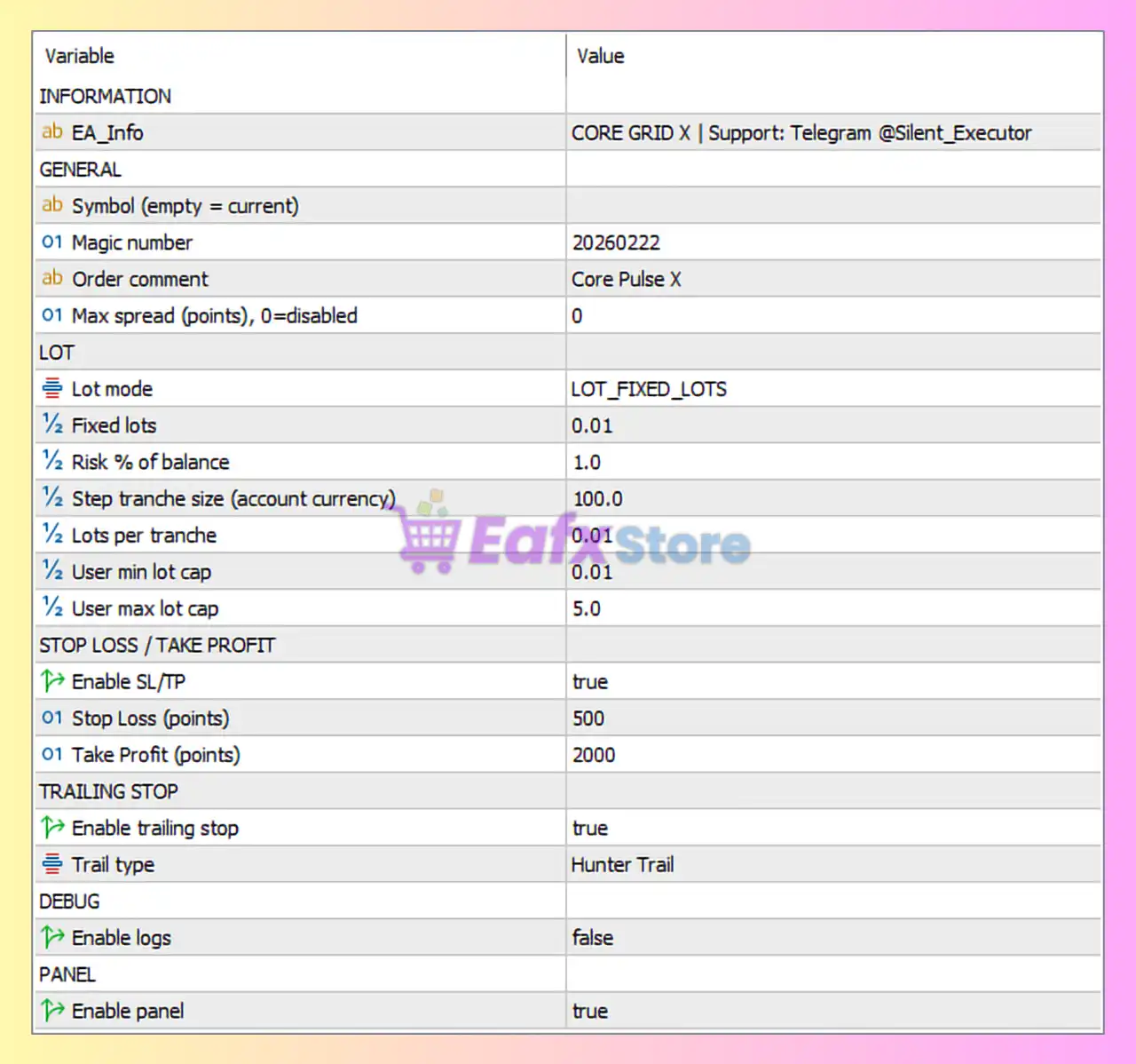 Core Pulse X EA MT5 Settings Panel