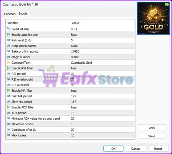 Cuantastic Gold EA Settings Panel