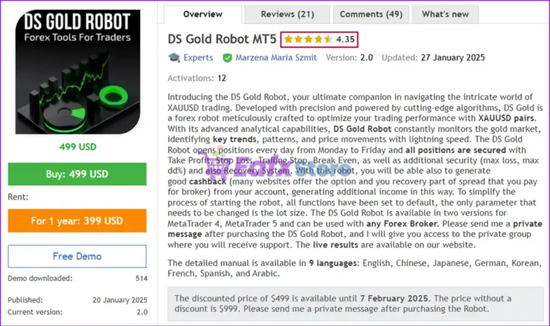 DS Gold Robot MT5 Overview