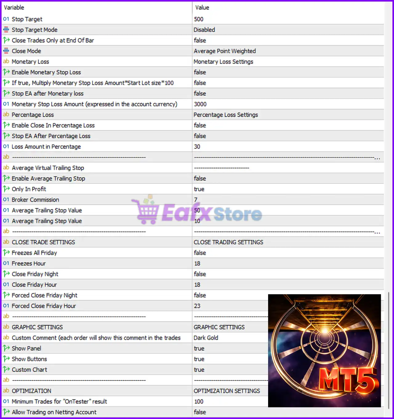 Dark Gold MT5 EA Settings Panel