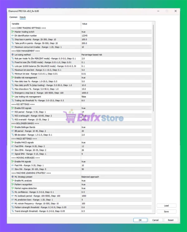 Diamond Pro EA MT5 Settings Panel
