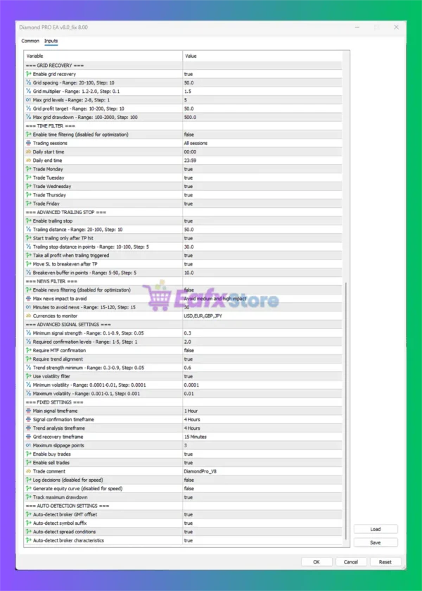 Diamond Pro MT5 Settings Panel