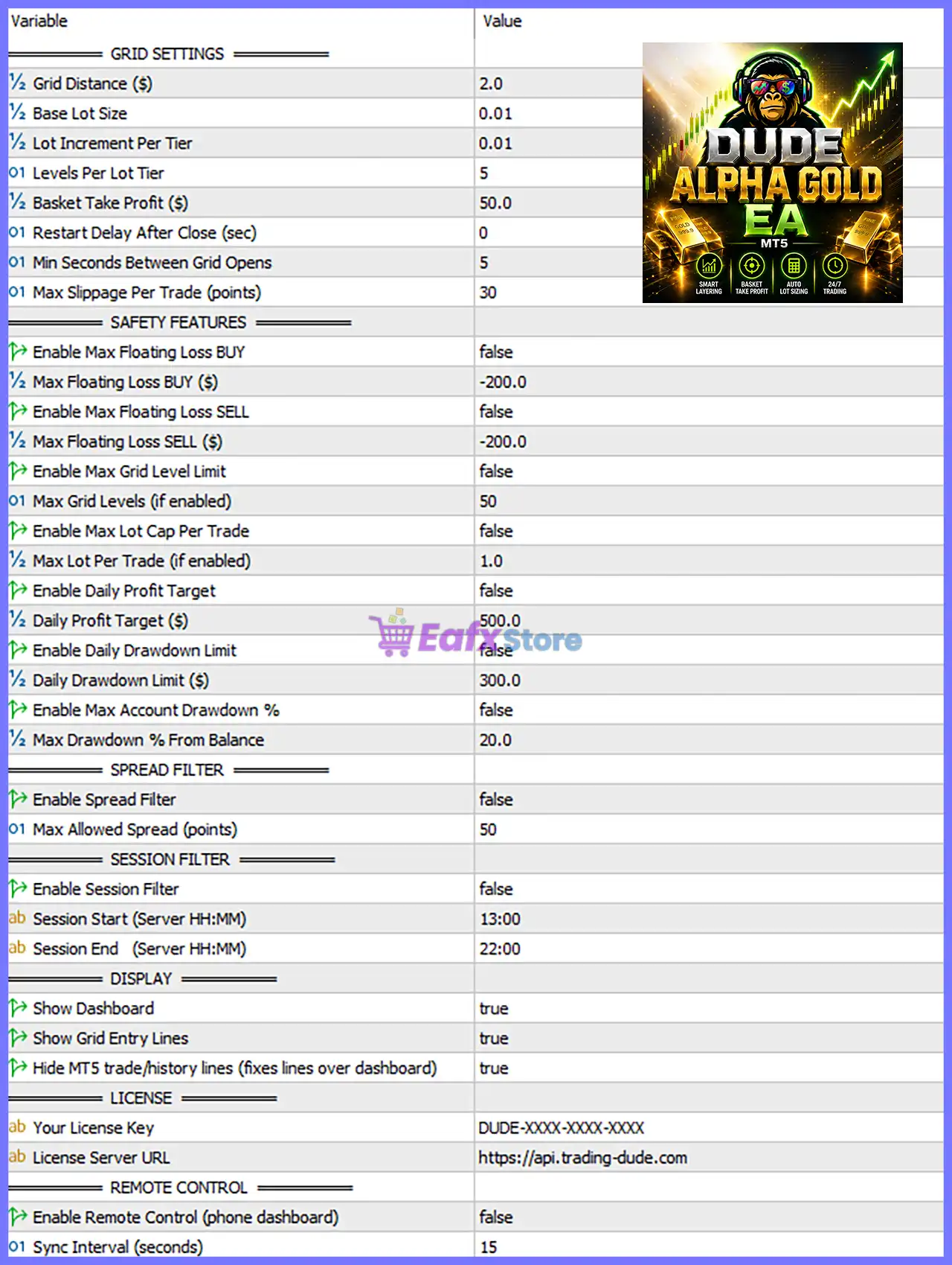 DudeAlpha EA MT5 Settings Panel