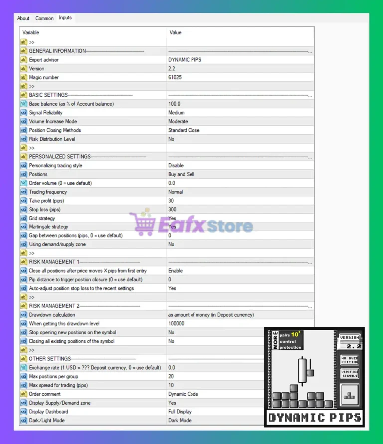 Dynamic Pips MT4 Settings Panel