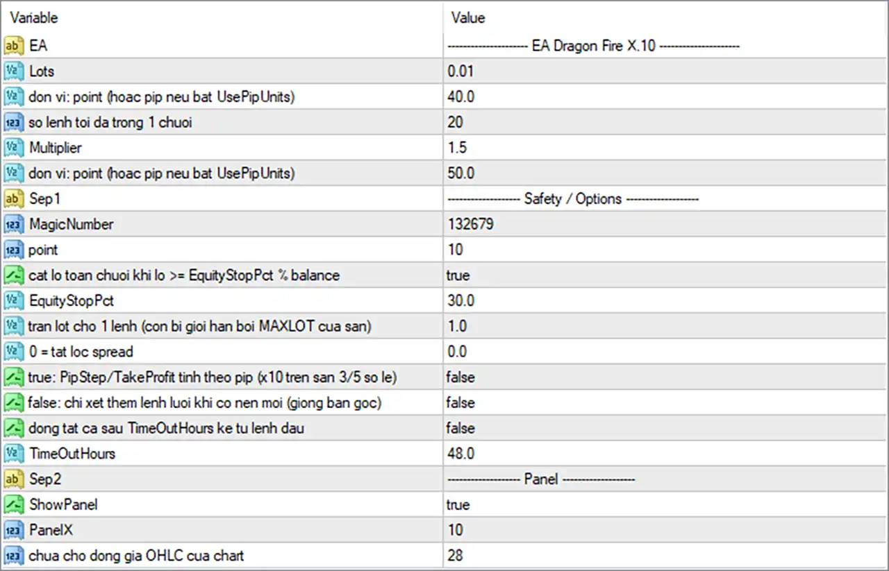 EA Dragon Fire X.10 Settings Panel