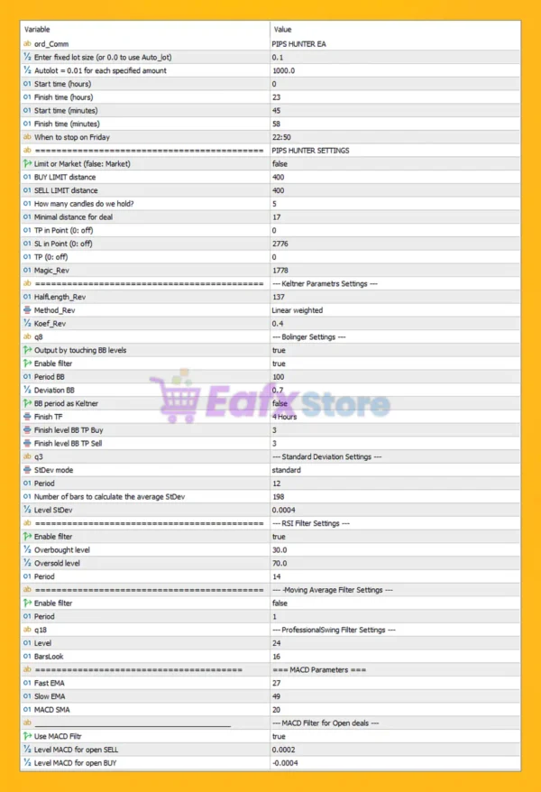 EA Pips Hunter MT5 Settings Panel
