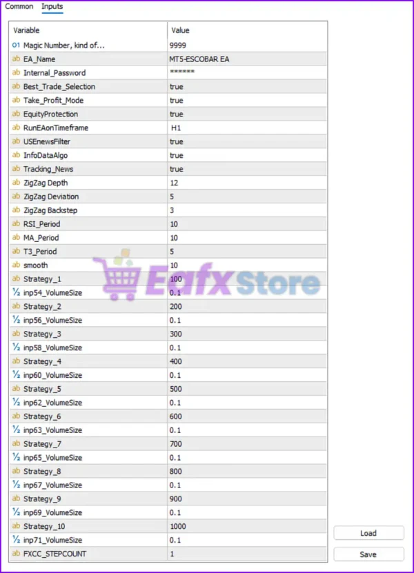 ESCOBAR EA MT5 Settings Panel
