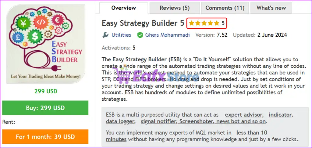 Easy Strategy Builder 5 EA MT5 (Latest version) – GroupBuy 2 Easy Strategy Builder 5 EA MT5 Overview