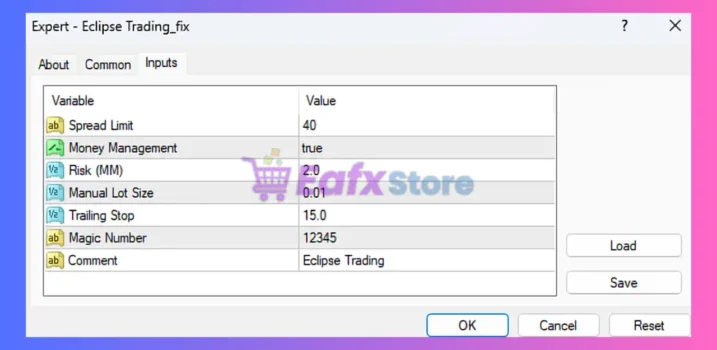 Eclipse Trading EA MT4 Settings Panel