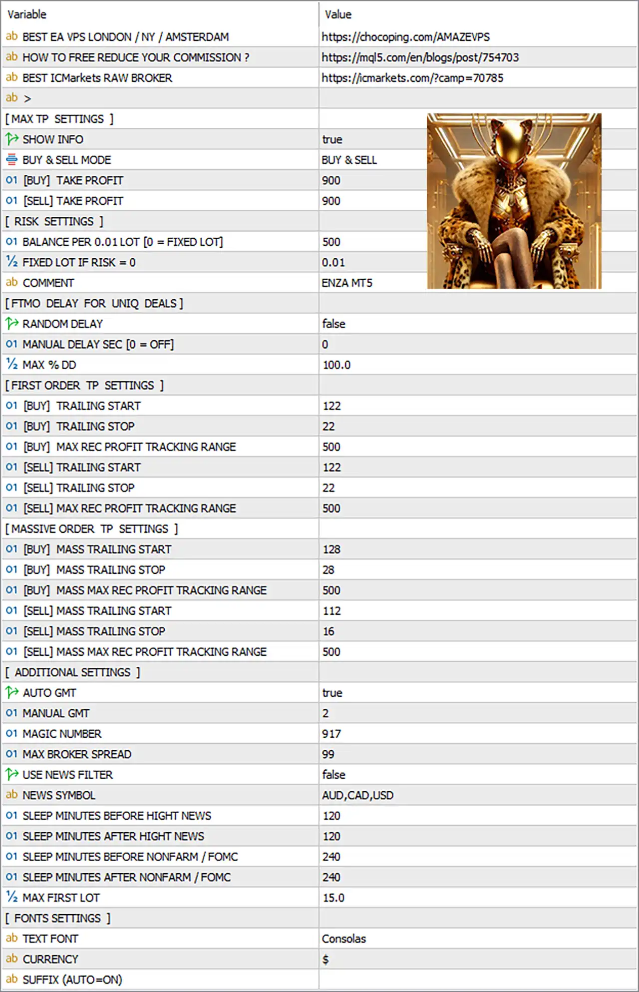 Enza EA MT5 with SetFiles (Latest version) - Unlimited 5 Enza EA MT5 Settings Panel