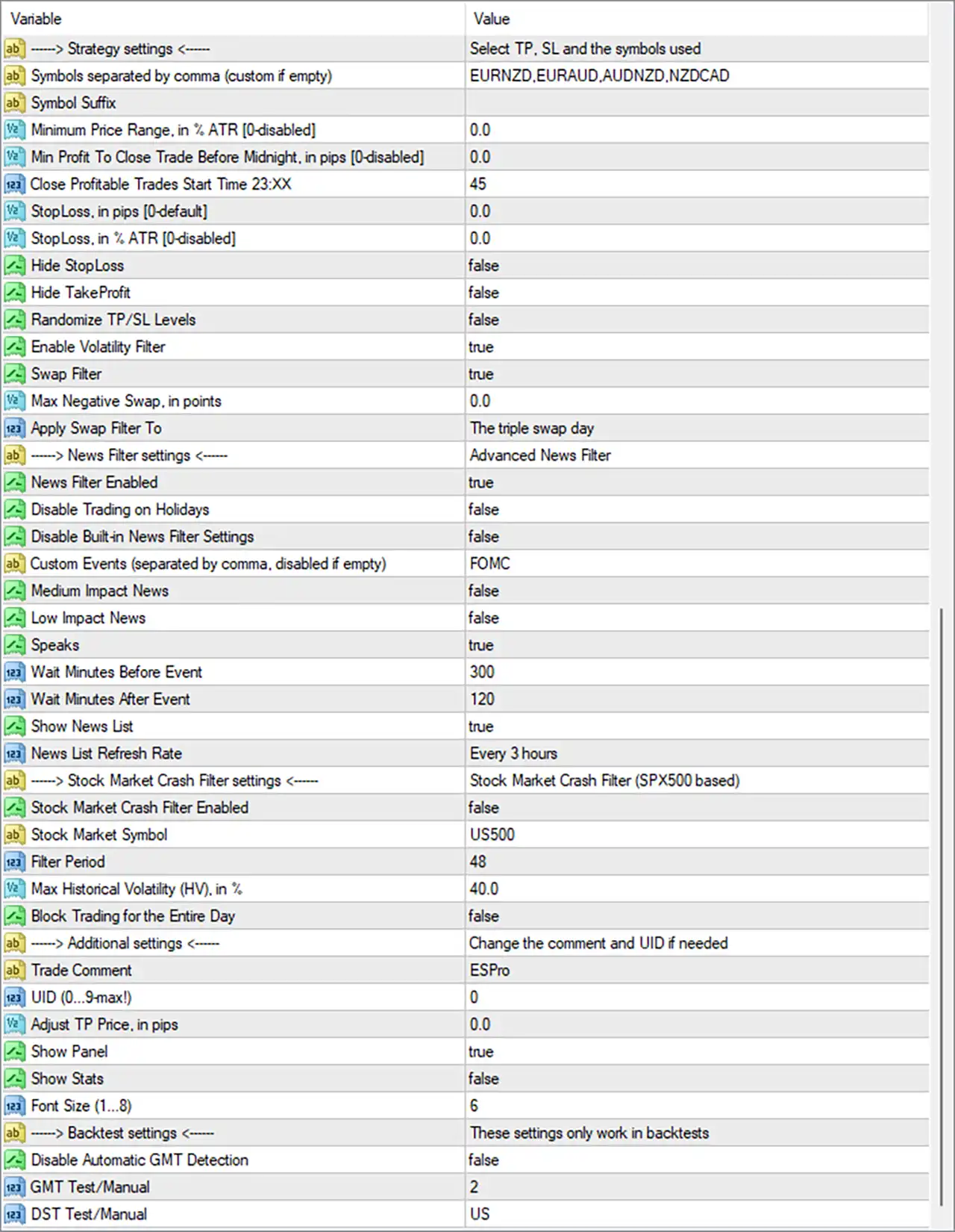Evening Scalper Pro EA Settings Panel