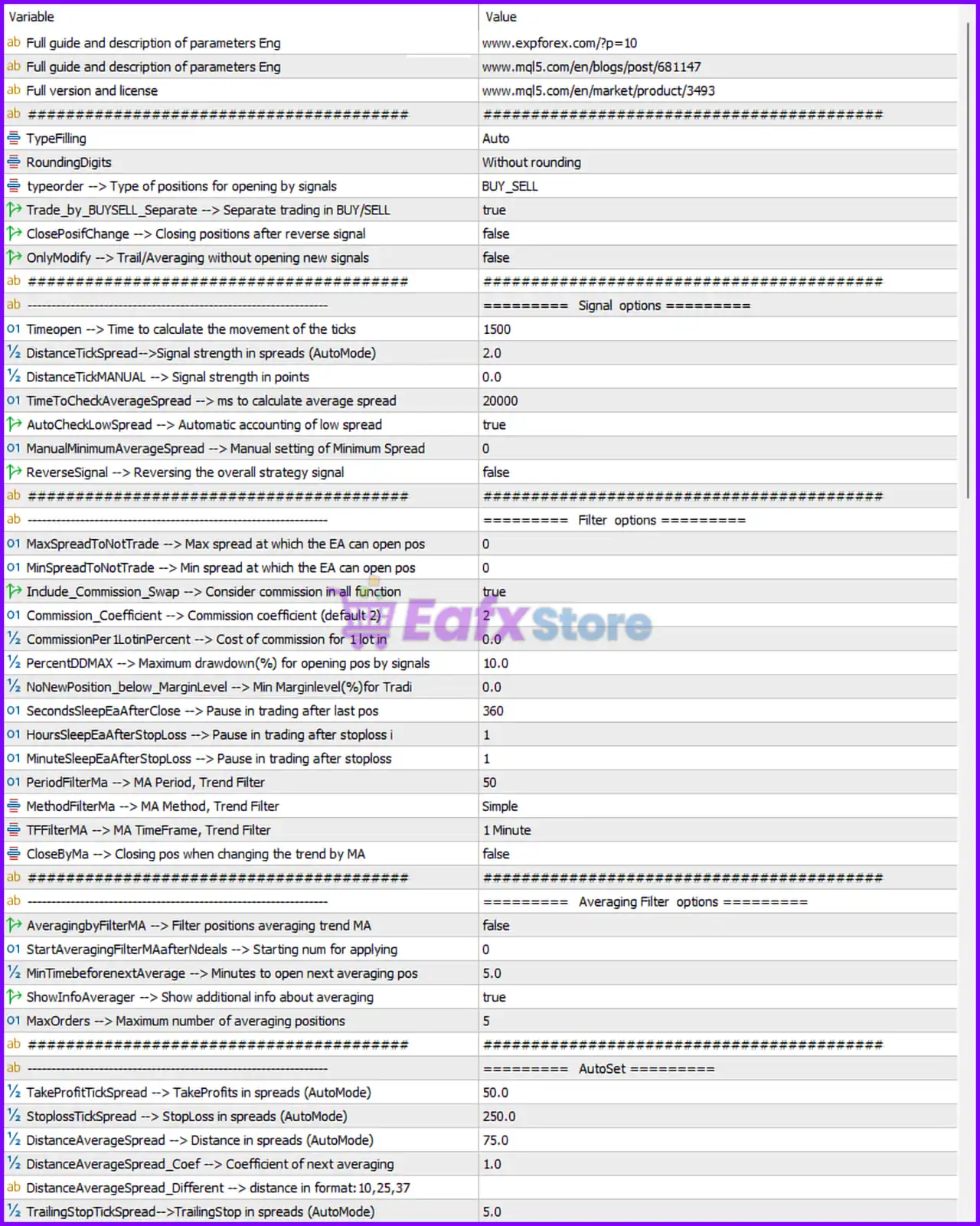 Exp TickSniper PRO FULL EA MT5 Settings Panel