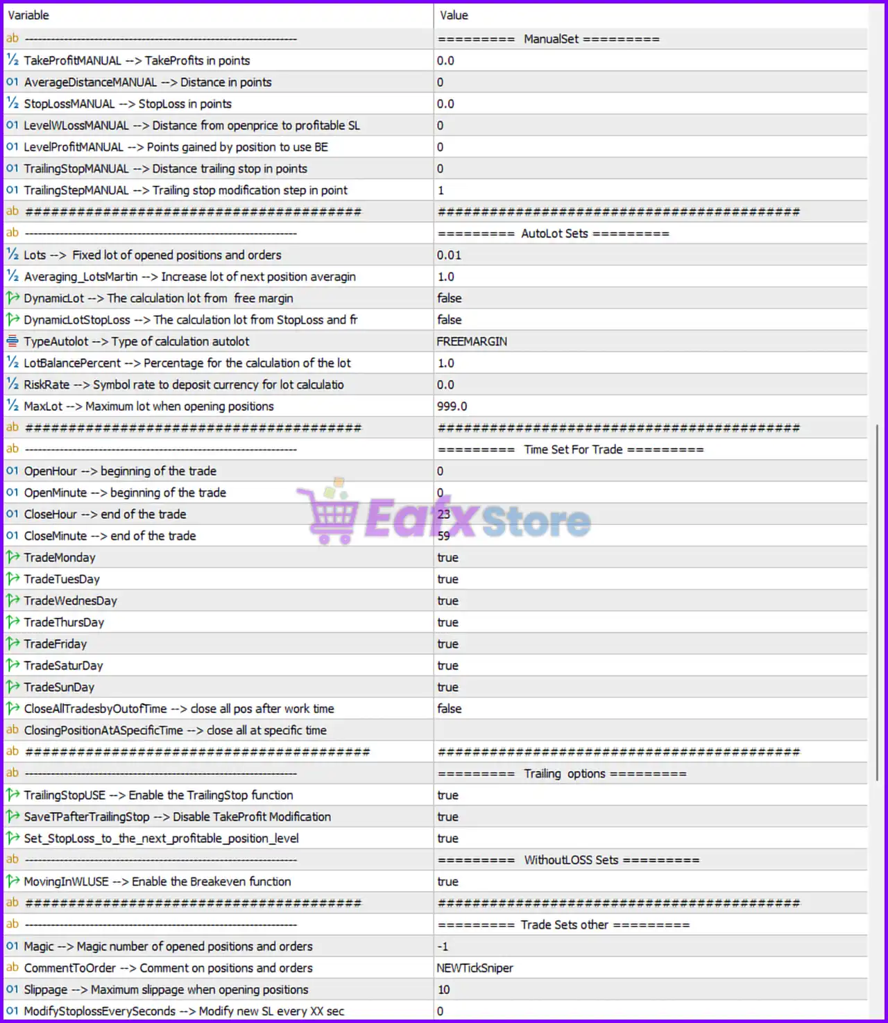 Exp TickSniper PRO FULL MT5 Settings Panel