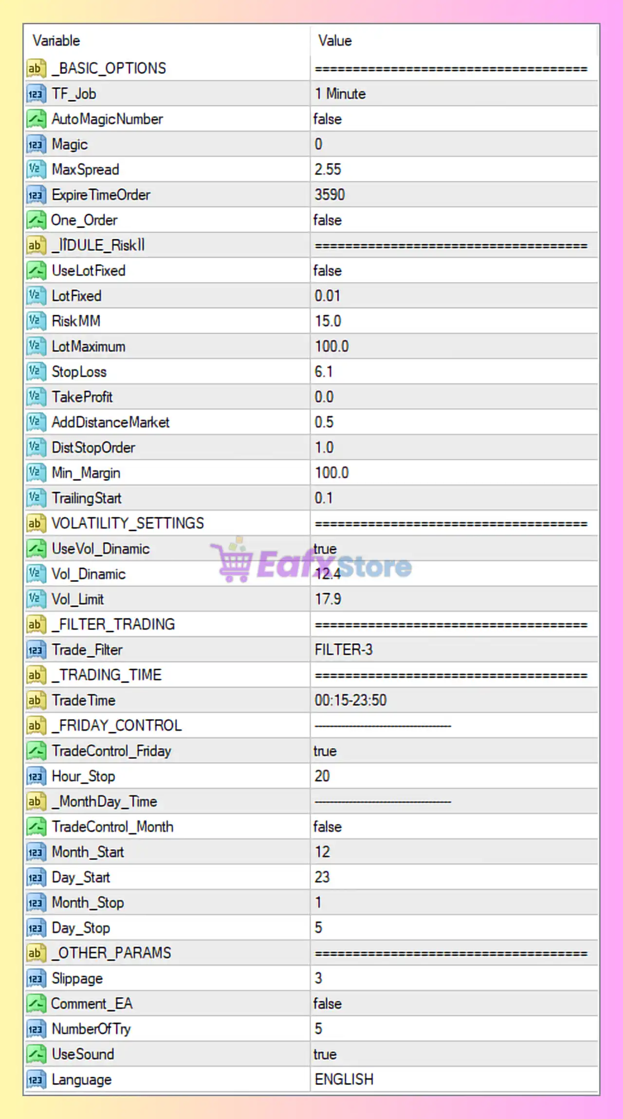 Expert Advisor WATCHFUL SCALPER MT4 Settings Panel